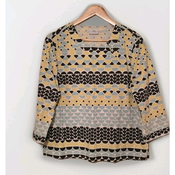 Hot Cotton 3Q Sleeve Black Yellow Linen Cotton Blouse Large Casual Resort Wear - Picture 1 of 5